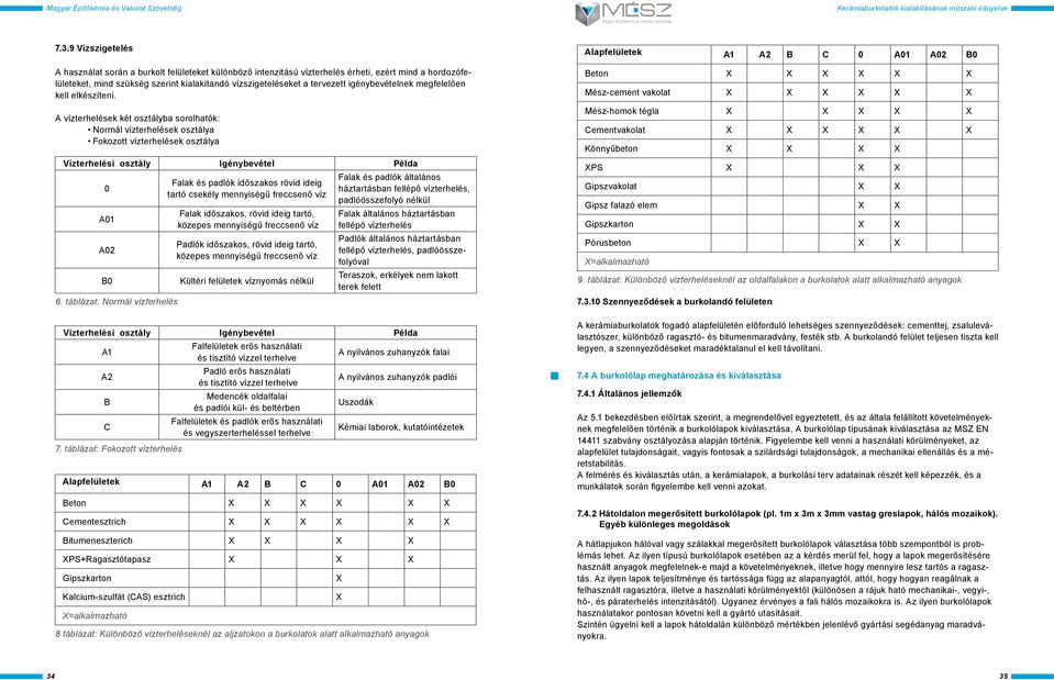A vízterhelések két osztályba sorolhatók: Normál vízterhelések osztálya Fokozott vízterhelések osztálya Vízterhelési osztály Igénybevétel Példa 0 A01 A02 B0 6.