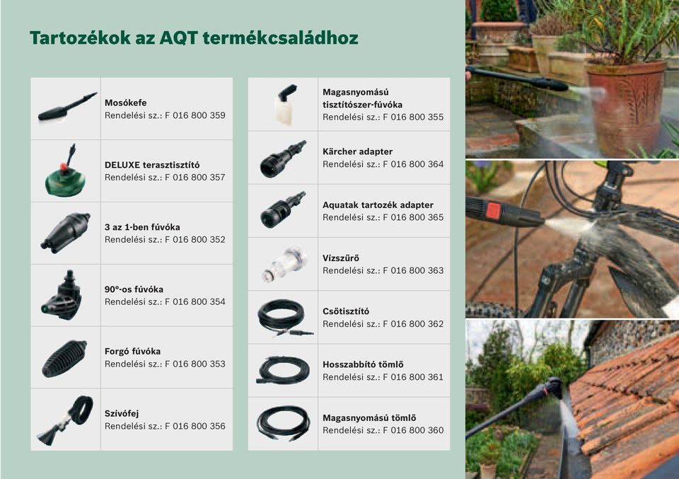 : F 016 800 352 Aquatak tartozék adapter Rendelési sz.: F 016 800 365 Vízszűrő Rendelési sz.: F 016 800 363 90 -os fúvóka Rendelési sz.