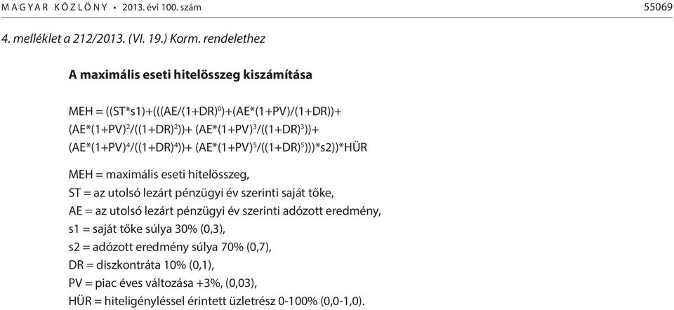 (AE*(1+PV) 4 /((1+DR) 4 ))+ (AE*(1+PV) 5 /((1+DR) 5 )))*s2))*hür MEH = maximális eseti hitelösszeg, ST = az utolsó lezárt pénzügyi év szerinti saját tőke, AE = az