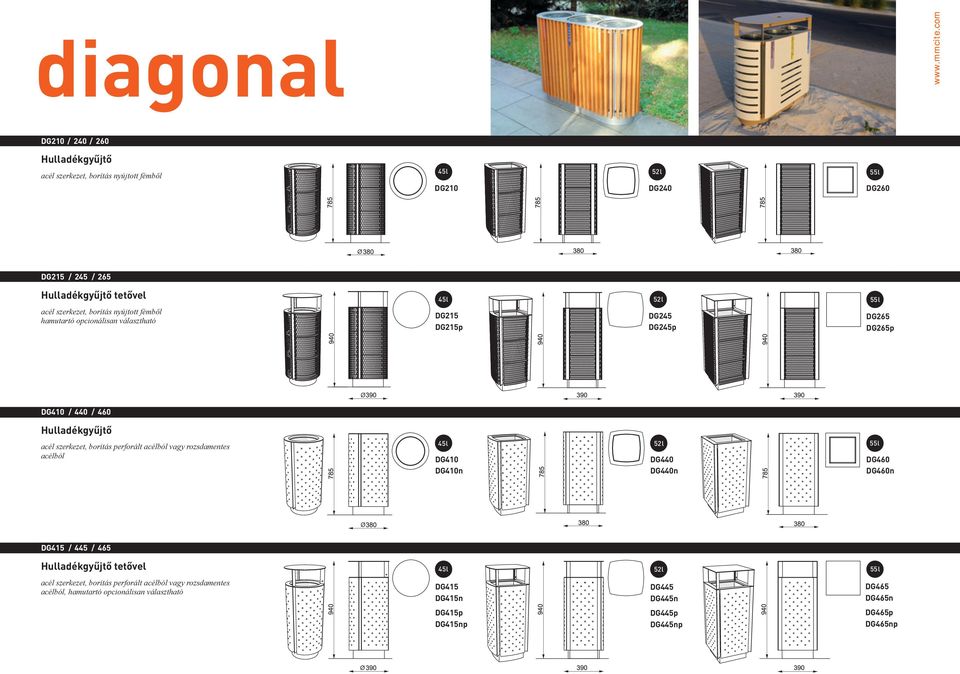 szerkezet, borítás perforált acélból vagy rozsdamentes acélból DG410 DG410n 52 l DG440 DG440n 55 l DG460 DG460n DG415 / 445 / 465 Hulladékgyűjtő tetővel 45 l acél