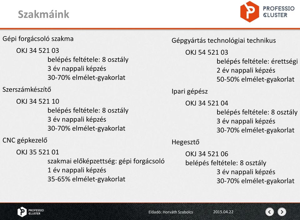 elmélet-gyakorlat Gépgyártás technológiai technikus OKJ 54 521 03 belépés feltétele: érettségi 2 év nappali képzés 50-50% elmélet-gyakorlat Ipari gépész OKJ 34 521