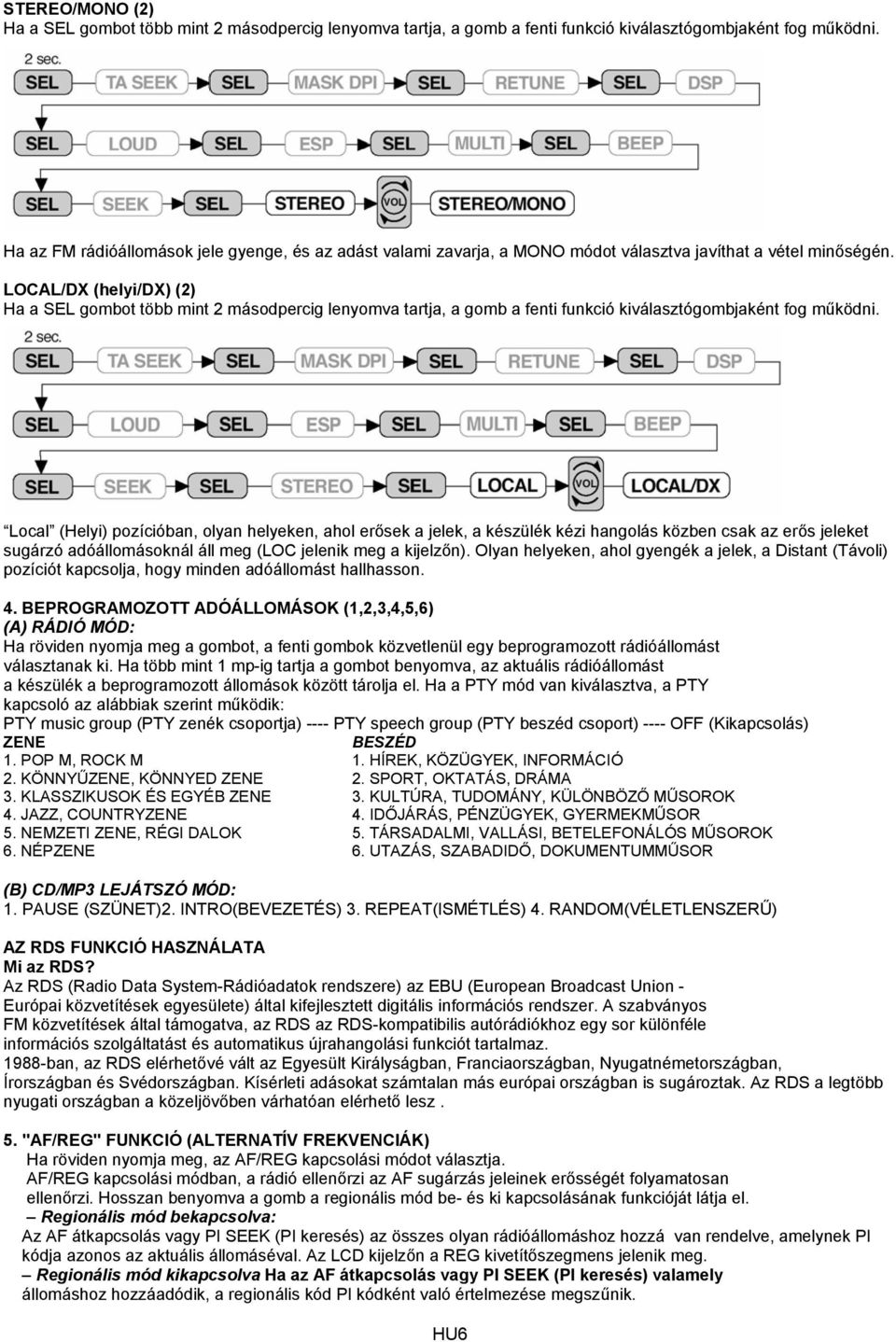 LOCAL/DX (helyi/dx) (2) Ha a SEL gombot több mint 2 másodpercig lenyomva tartja, a gomb a fenti funkció kiválasztógombjaként fog működni.