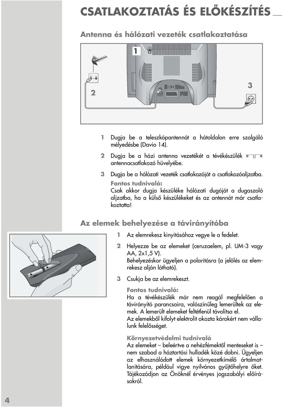 Csak akkor dugja készüléke hálózati dugóját a dugaszoló aljzatba, ha a külső készülékeket és az antennát már csatlakoztatta!