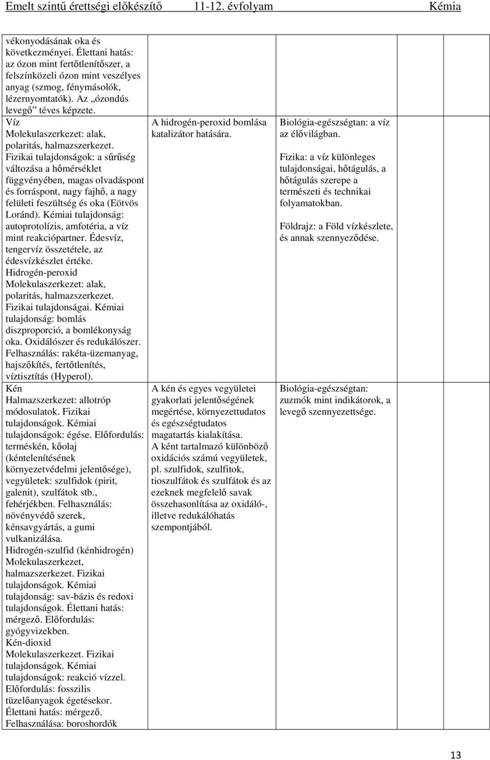 Fizikai tulajdonságok: a sűrűség változása a hőmérséklet függvényében, magas olvadáspont és forráspont, nagy fajhő, a nagy felületi feszültség és oka (Eötvös Loránd).