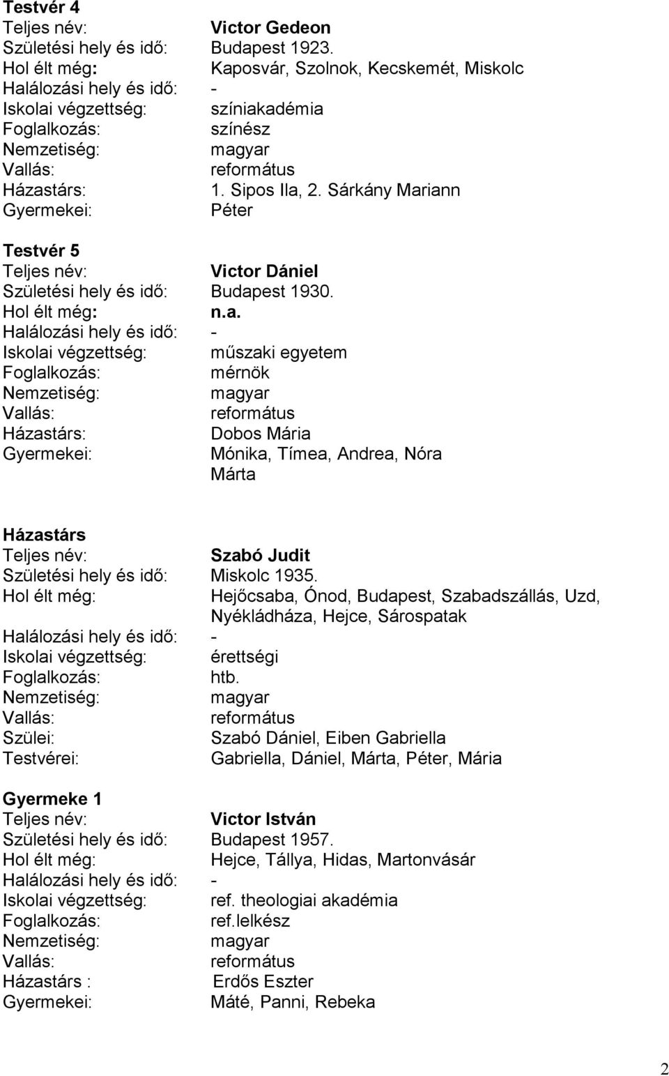 Iskolai végzettség: műszaki egyetem mérnök Házastárs: Dobos Mária Mónika, Tímea, Andrea, Nóra Márta Házastárs Szabó Judit Születési hely és idő: Miskolc 1935.