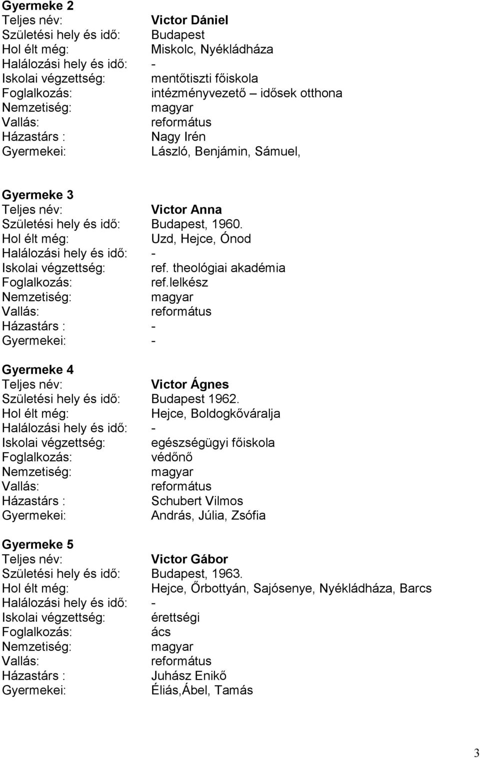 lelkész - - Gyermeke 4 Victor Ágnes Születési hely és idő: Budapest 1962.