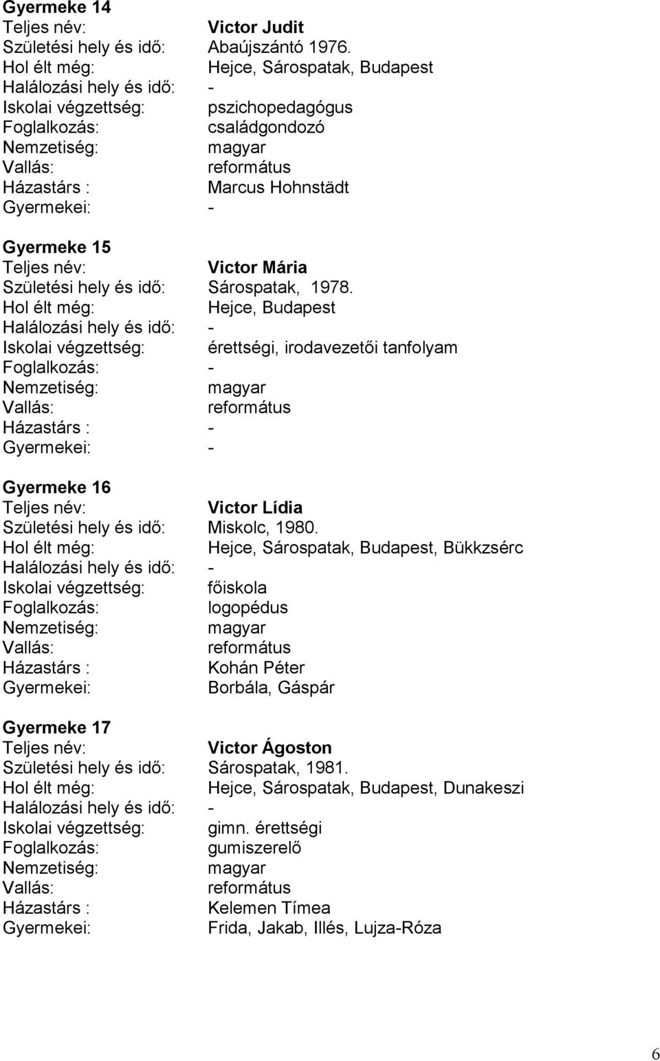 Hejce, Budapest Iskolai végzettség: érettségi, irodavezetői tanfolyam - - - Gyermeke 16 Victor Lídia Születési hely és idő: Miskolc, 1980.