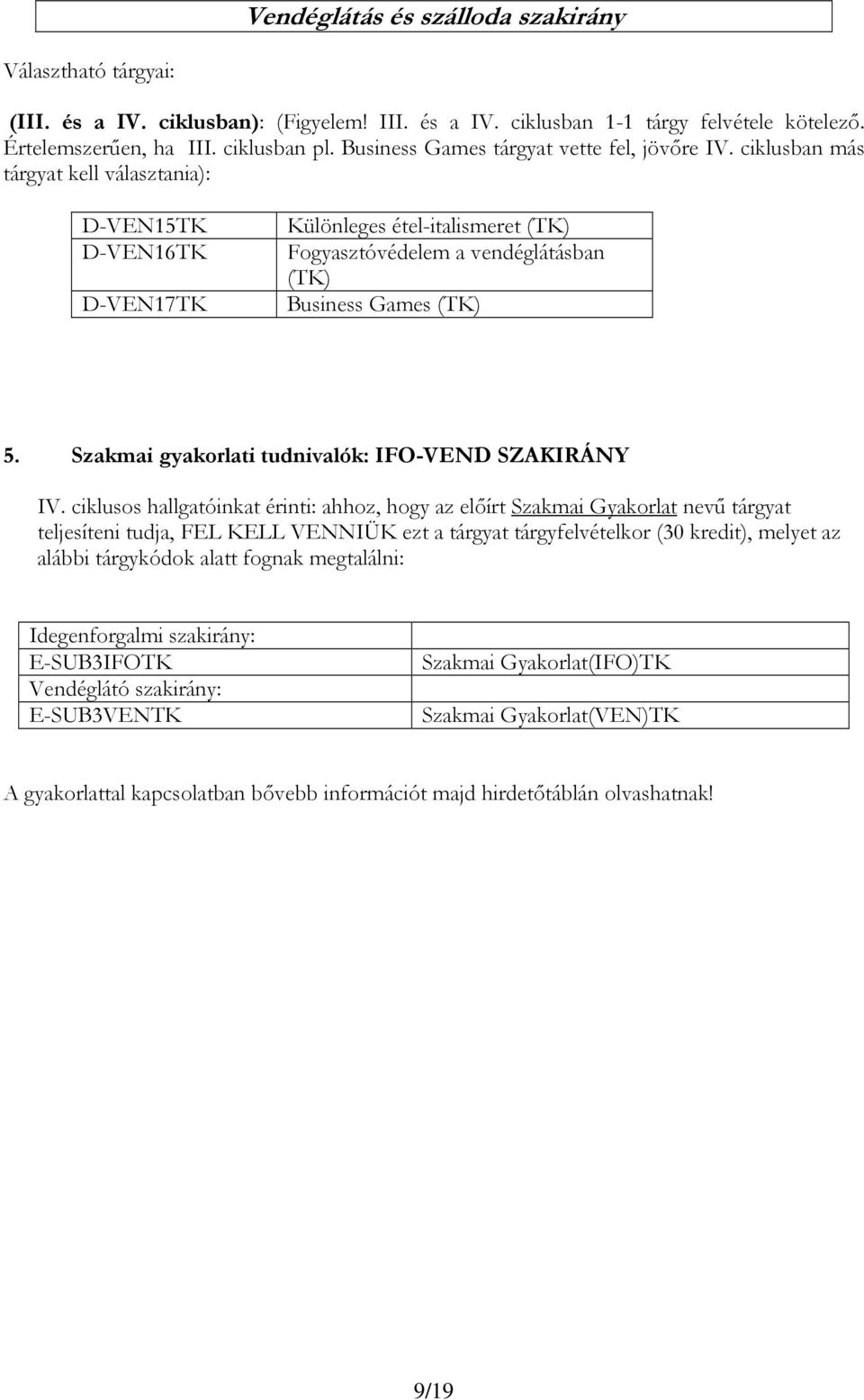 ciklusban más tárgyat kell választania): D-VEN15TK D-VEN16TK D-VEN17TK Különleges étel-italismeret (TK) Fogyasztóvédelem a vendéglátásban (TK) Business Games (TK) 5.
