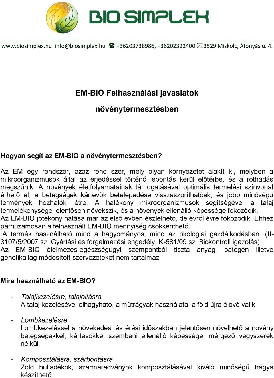EM-BIO Felhasználási javaslatok. növénytermesztésben - PDF Free Download