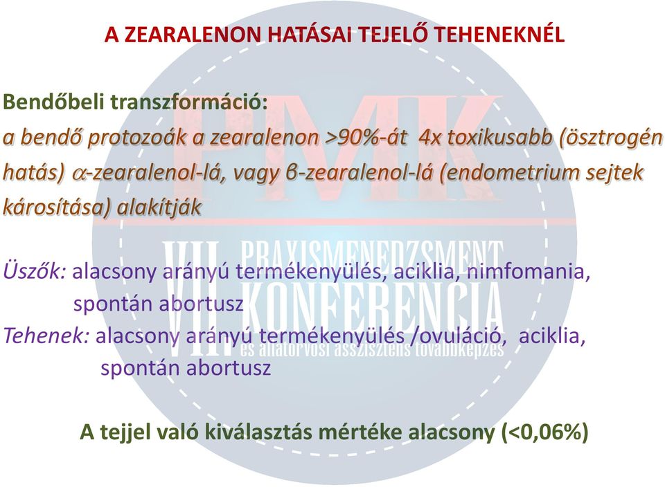 alakítják Üszők: alacsony arányú termékenyülés, aciklia, nimfomania, spontán abortusz Tehenek: alacsony