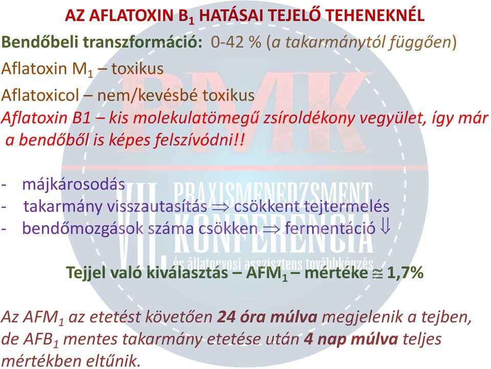 ! - májkárosodás - takarmány visszautasítás csökkent tejtermelés - bendőmozgások száma csökken fermentáció Tejjel való kiválasztás AFM