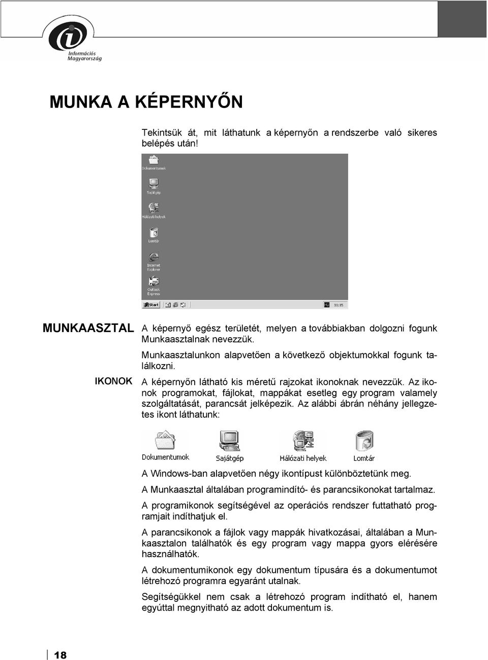 A képernyőn látható kis méretű rajzokat ikonoknak nevezzük. Az ikonok programokat, fájlokat, mappákat esetleg egy program valamely szolgáltatását, parancsát jelképezik.