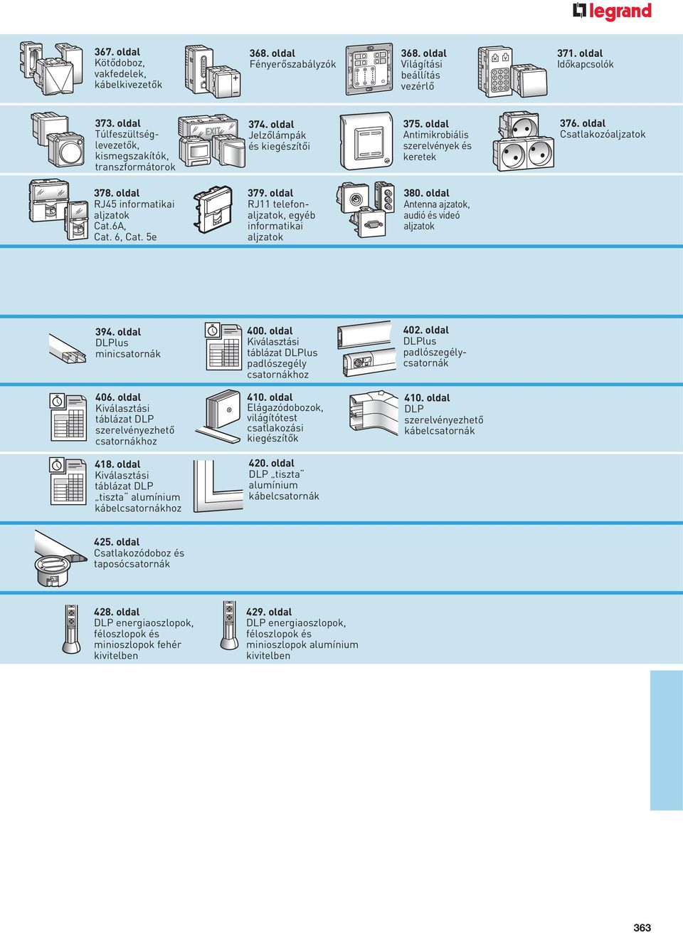 oldal RJ45 informatikai aljzatok Cat.6A, Cat. 6, Cat. 5e 379. oldal RJ11 telefonaljzatok, egyéb informatikai aljzatok 380. oldal Antenna ajzatok, audió és videó aljzatok 394.