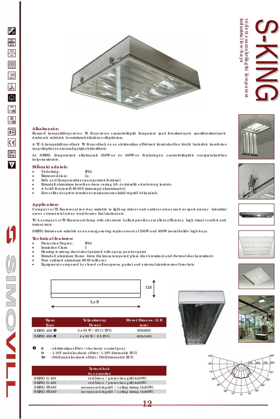 Az S-KING lámpatestek alkalmasak 250W-os és 400W-os fémhalogén csarnokvilágítók energiatakarékos helyettesítésére.