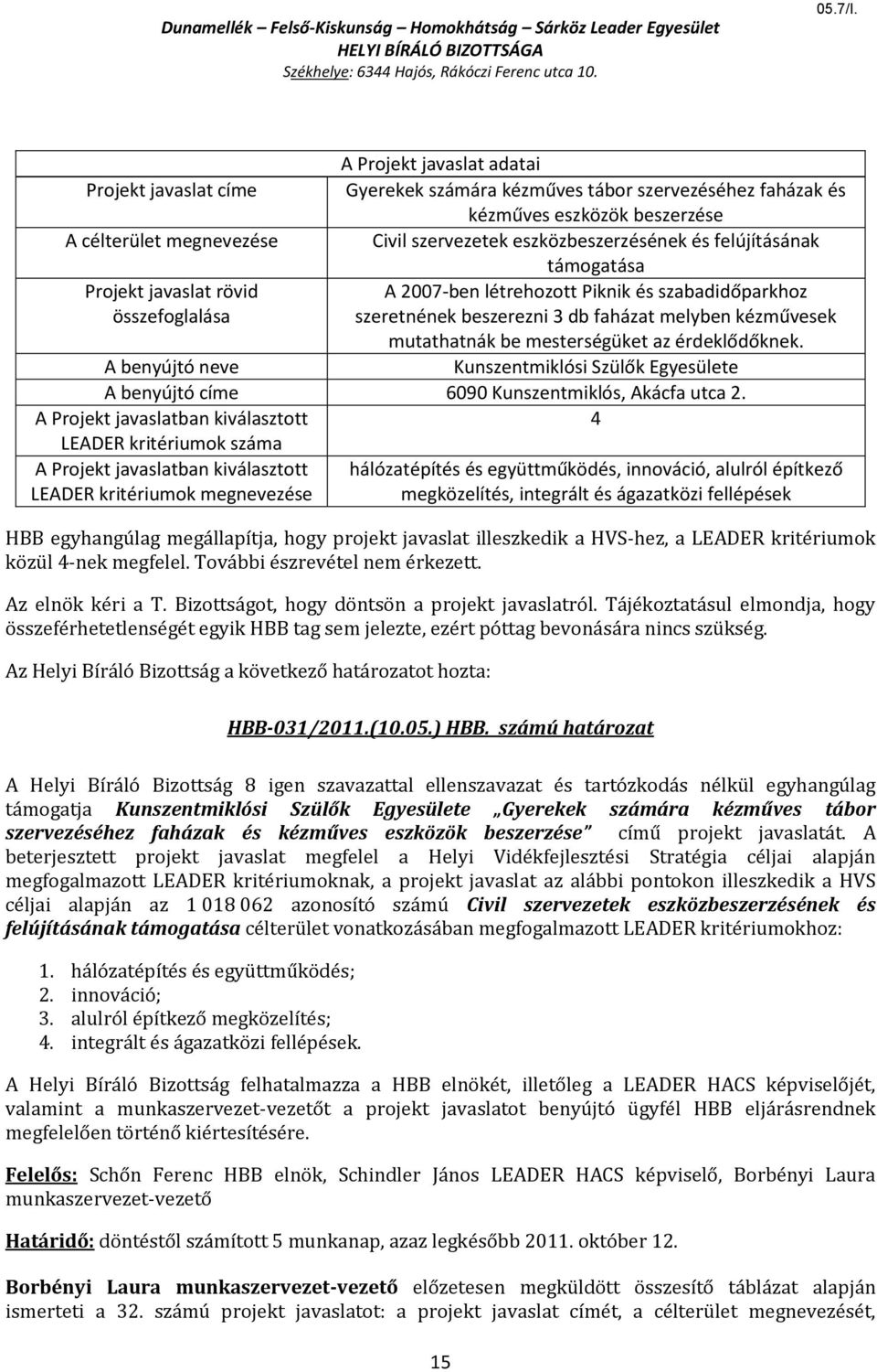 hálózatépítés és együttműködés, innováció, alulról építkező LEADER kritériumok megnevezése megközelítés, integrált és ágazatközi fellépések HBB-031/2011.(10.05.) HBB.