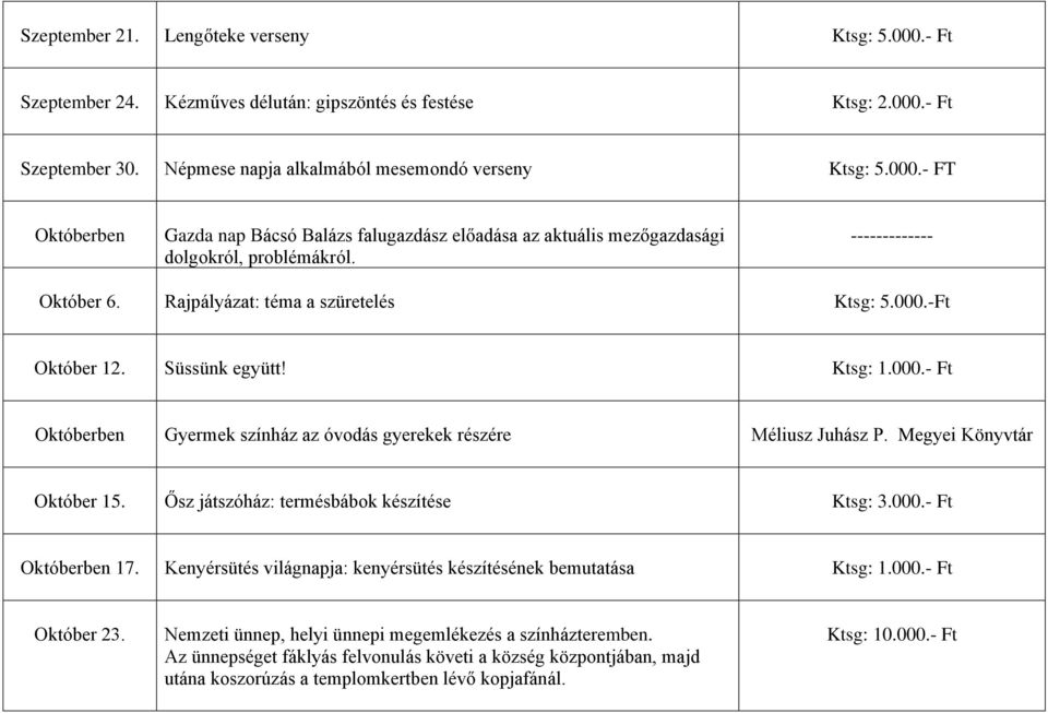 Megyei Könyvtár Október 15. Ősz játszóház: termésbábok készítése Ktsg: 3.000.- Ft Októberben 17. Kenyérsütés világnapja: kenyérsütés készítésének bemutatása Ktsg: 1.000.- Ft Október 23.