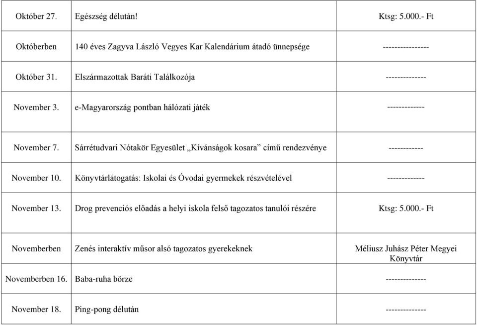 Sárrétudvari Nótakör Egyesület Kívánságok kosara című rendezvénye ------------ November 10. Könyvtárlátogatás: Iskolai és Óvodai gyermekek részvételével ------------- November 13.