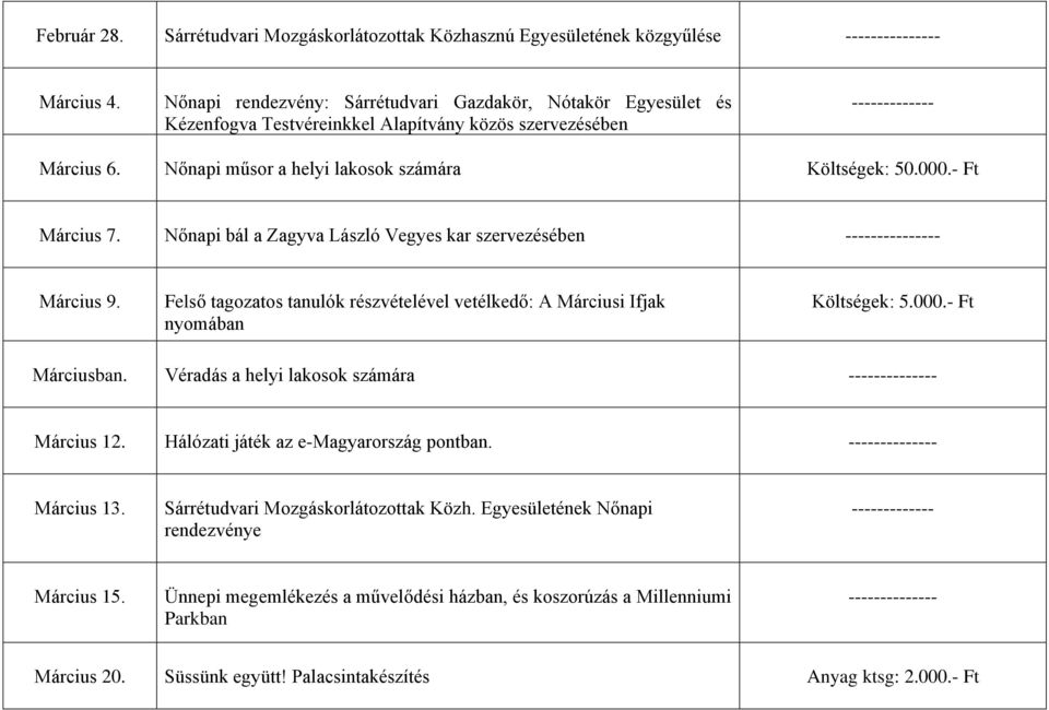 - Ft Március 7. Nőnapi bál a Zagyva László Vegyes kar szervezésében --------------- Március 9. Felső tagozatos tanulók részvételével vetélkedő: A Márciusi Ifjak nyomában Költségek: 5.000.