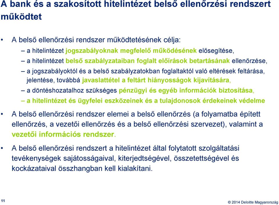 feltárt hiányosságok kijavítására, a döntéshozatalhoz szükséges pénzügyi és egyéb információk biztosítása, a hitelintézet és ügyfelei eszközeinek és a tulajdonosok érdekeinek védelme A belső