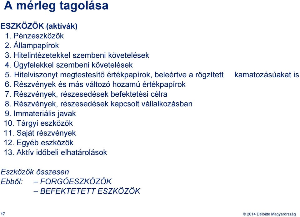 Részvények és más változó hozamú értékpapírok 7. Részvények, részesedések befektetési célra 8.