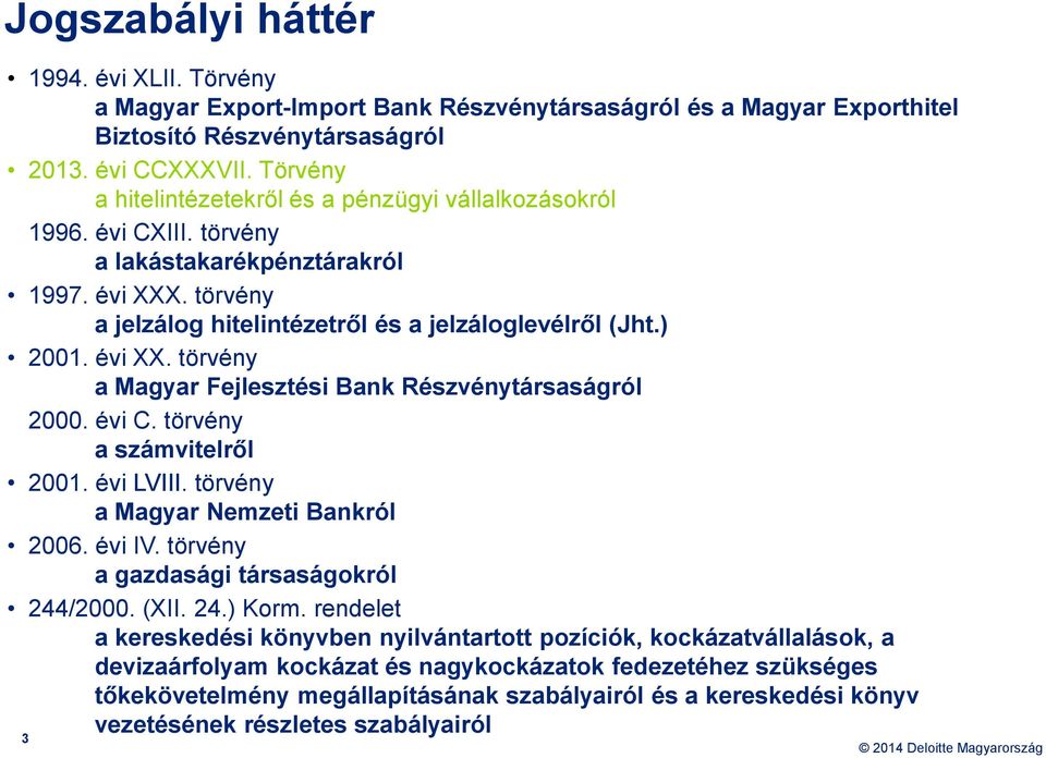 évi XX. törvény a Magyar Fejlesztési Bank Részvénytársaságról 2000. évi C. törvény a számvitelről 2001. évi LVIII. törvény a Magyar Nemzeti Bankról 2006. évi IV.
