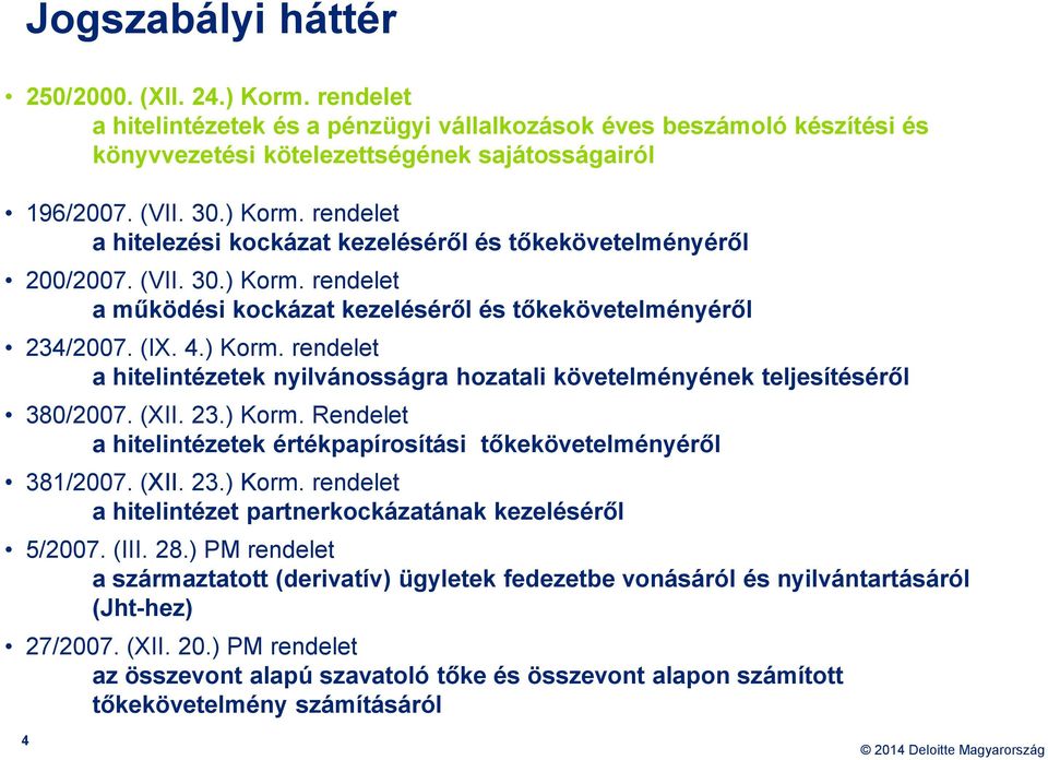 (XII. 23.) Korm. Rendelet a hitelintézetek értékpapírosítási tőkekövetelményéről 381/2007. (XII. 23.) Korm. rendelet a hitelintézet partnerkockázatának kezeléséről 5/2007. (III. 28.