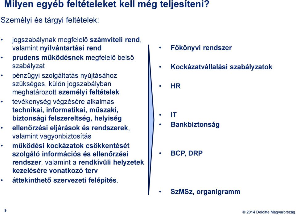 szükséges, külön jogszabályban meghatározott személyi feltételek tevékenység végzésére alkalmas technikai, informatikai, műszaki, biztonsági felszereltség, helyiség ellenőrzési