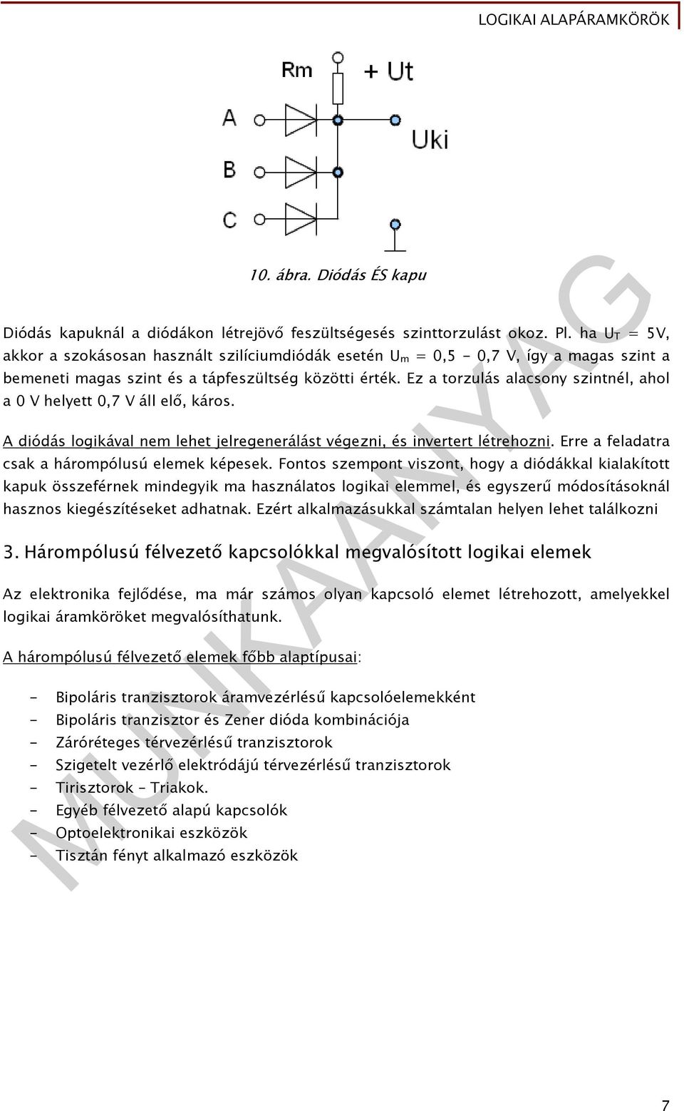 Ez a torzulás alacsony szintnél, ahol a 0 V helyett 0,7 V áll elő, káros. A diódás logikával nem lehet jelregenerálást végezni, és invertert létrehozni.