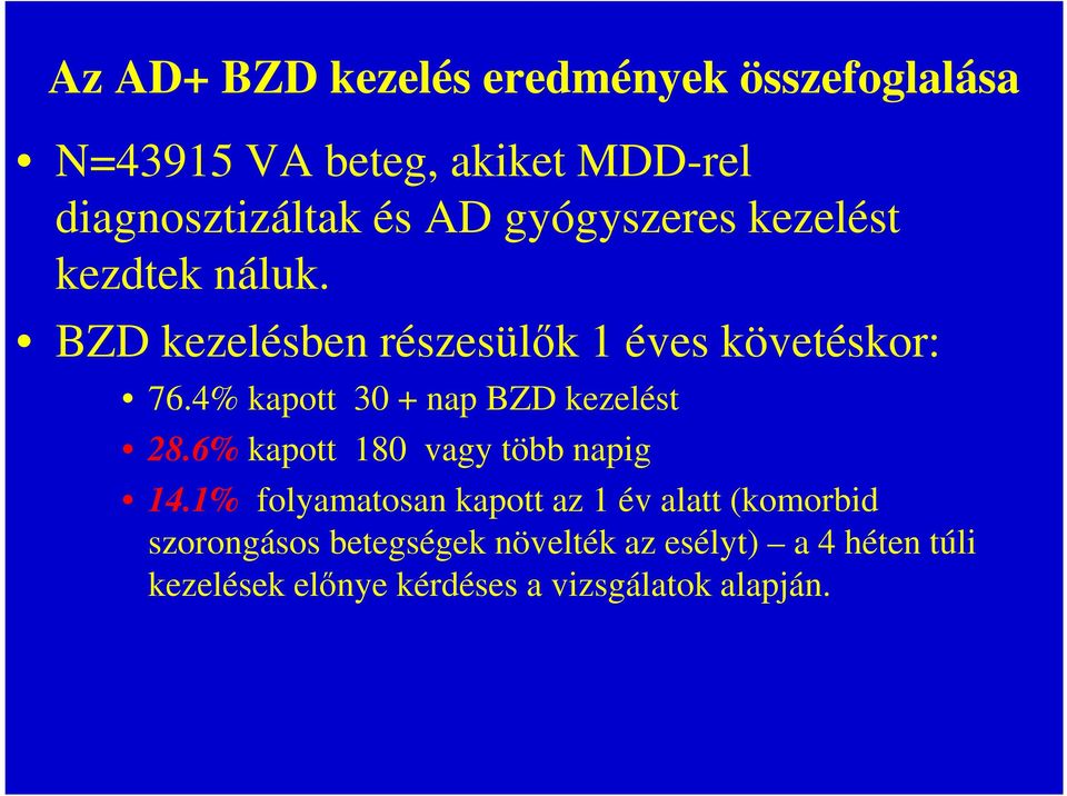 4% kapott 30 + nap BZD kezelést 28.6% kapott 180 vagy több napig 14.