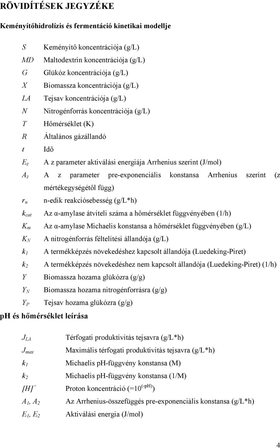 (J/mol) A z A z parameter pre-exponenciális konstansa Arrhenius szerint (z mértékegységétől függ) r n k cat K m K N k 1 k 2 Y Y N Y P n-edik reakciósebesség (g/l*h) Az α-amylase átviteli száma a