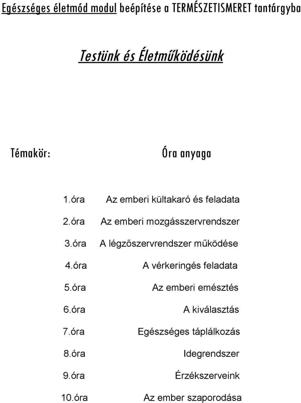 óra A légzőszervrendszer működése 4.óra A vérkeringés feladata 5.óra Az emberi emésztés 6.