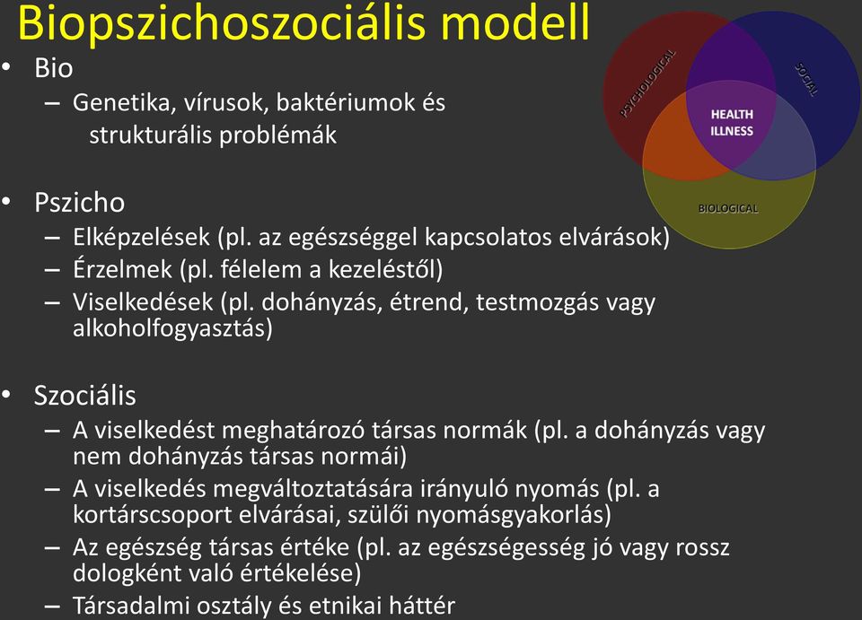 dohányzás, étrend, testmozgás vagy alkoholfogyasztás) Szociális A viselkedést meghatározó társas normák (pl.