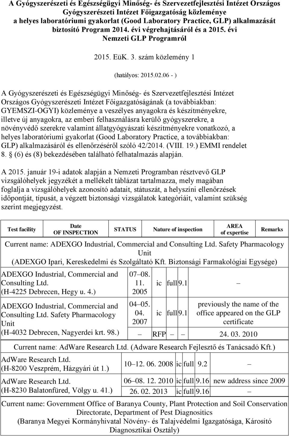 06 - ) A Gyógyszerészeti és Egészségügyi Minőség- és Szervezetfejlesztési Intézet Országos Gyógyszerészeti Intézet Főigazgatóságának (a továbbiakban: GYEMSZI-OGYI) közleménye a veszélyes anyagokra és
