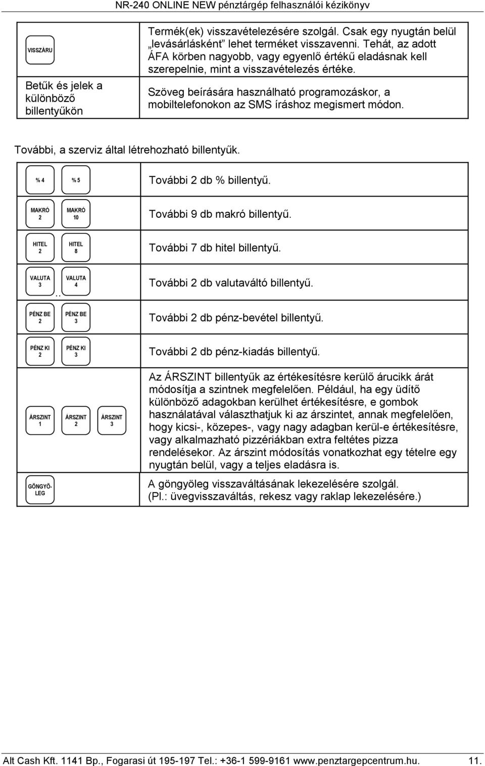 Szöveg beírására használható programozáskor, a mobiltelefonokon az SMS íráshoz megismert módon. További, a szerviz által létrehozható billentyűk. % 4 % 5 További db % billentyű.