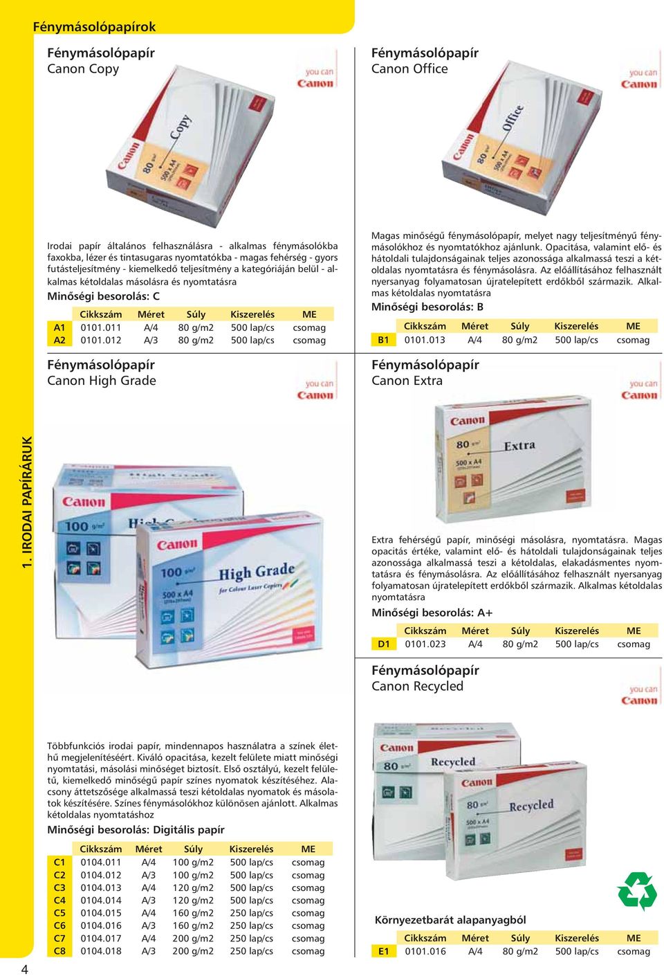 012 A/3 80 g/m2 500 lap/cs csomag Fénymásolópapír Canon High Grade Magas minőségű fénymásolópapír, melyet nagy teljesítményű fénymásolókhoz és nyomtatókhoz ajánlunk.