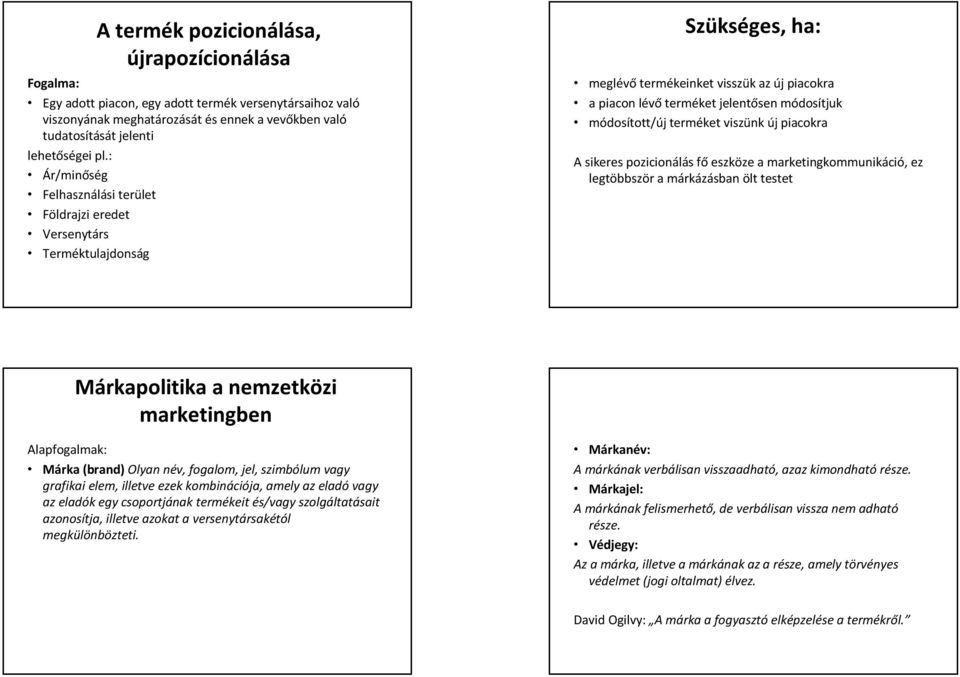 terméket viszünk új piacokra A sikeres pozicionálás fő eszköze a marketingkommunikáció, ez legtöbbször a márkázásban ölt testet Márkapolitika a nemzetközi marketingben Alapfogalmak: Márka (brand)