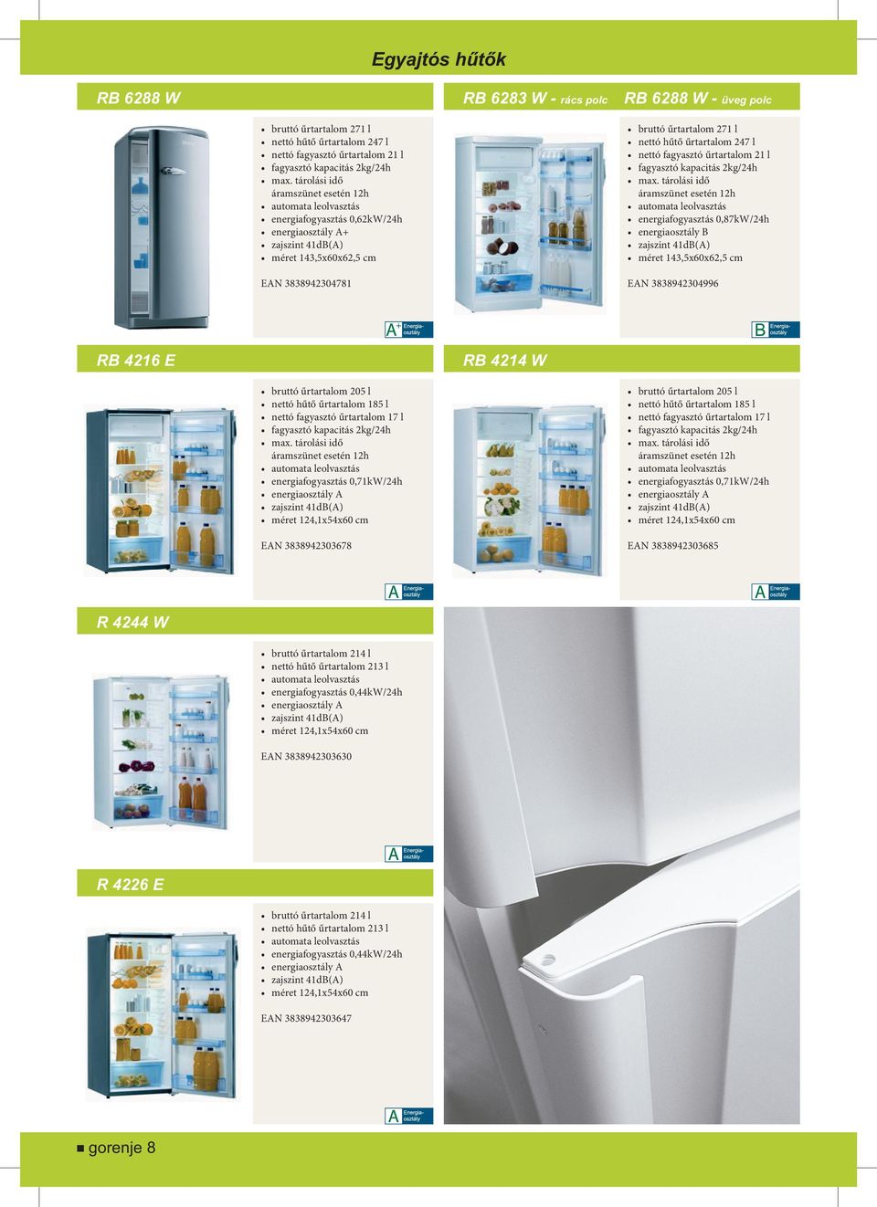 2kg/24h áramszünet esetén 12h energiafogyasztás 0,87kW/24h zajszint 41dB(A) méret 143,5x60x62,5 cm EAN 3838942304996 RB 4216 E bruttó űrtartalom 205 l nettó hűtő űrtartalom 185 l nettó fagyasztó