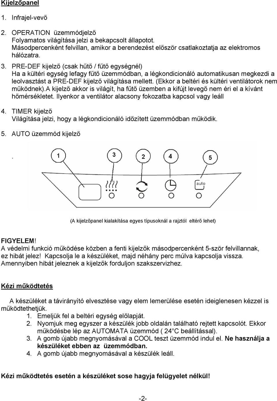 PRE-DEF kijelző (csak hűtő / fűtő egységnél) Ha a kültéri egység lefagy fűtő üzemmódban, a légkondicionáló automatikusan megkezdi a leolvasztást a PRE-DEF kijelző világítása mellett.