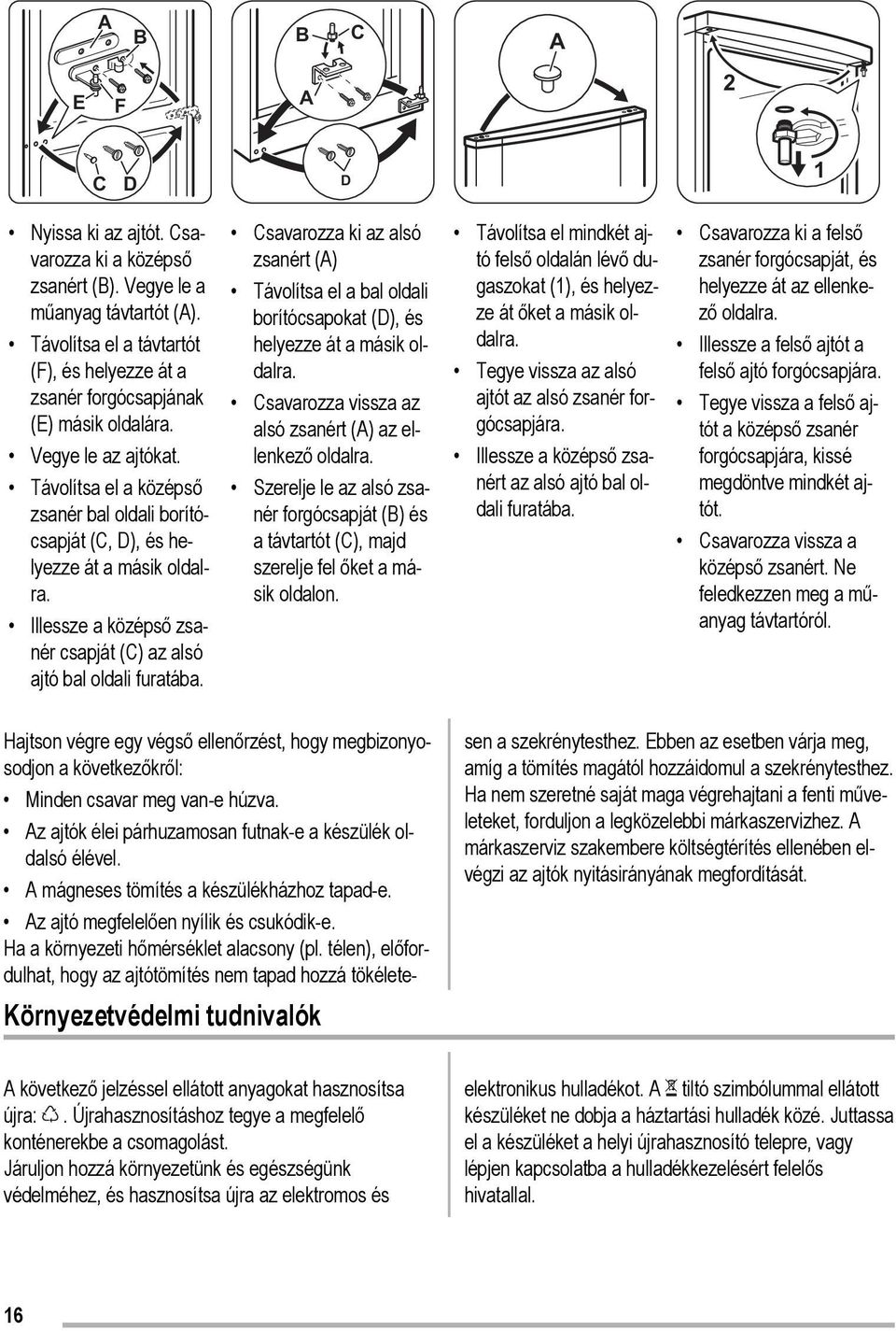 Távolítsa el a középső zsanér bal oldali borítócsapját (C, D), és helyezze át a másik oldalra. Illessze a középső zsanér csapját (C) az alsó ajtó bal oldali furatába.