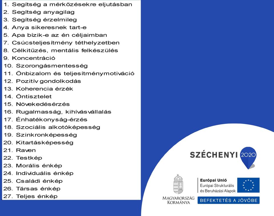 Pozitív gondolkodás 13. Koherencia érzék 14. Öntisztelet 15. Növekedésérzés 16. Rugalmasság, kihívásvállalás 17. Énhatékonyság-érzés 18.