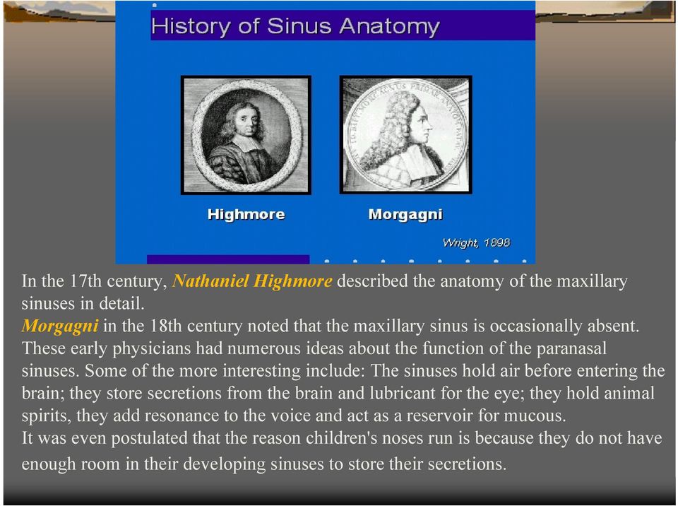 These early physicians had numerous ideas about the function of the paranasal sinuses.