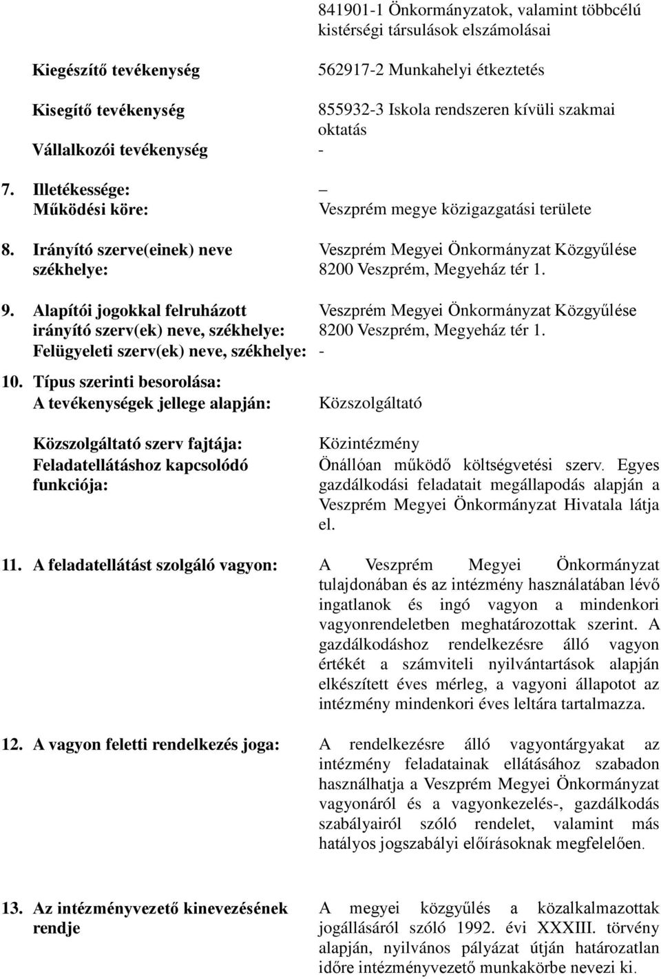 Irányító szerve(einek) neve székhelye: Veszprém megye közigazgatási területe Veszprém Megyei Önkormányzat Közgyűlése 8200 Veszprém, Megyeház tér 1. 9.