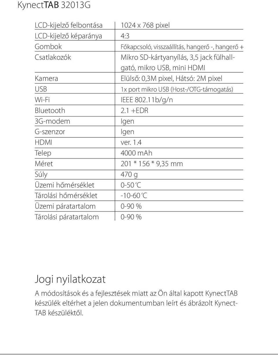 HDMI Elülső: 0,3M pixel, Hátsó: 2M pixel 1x