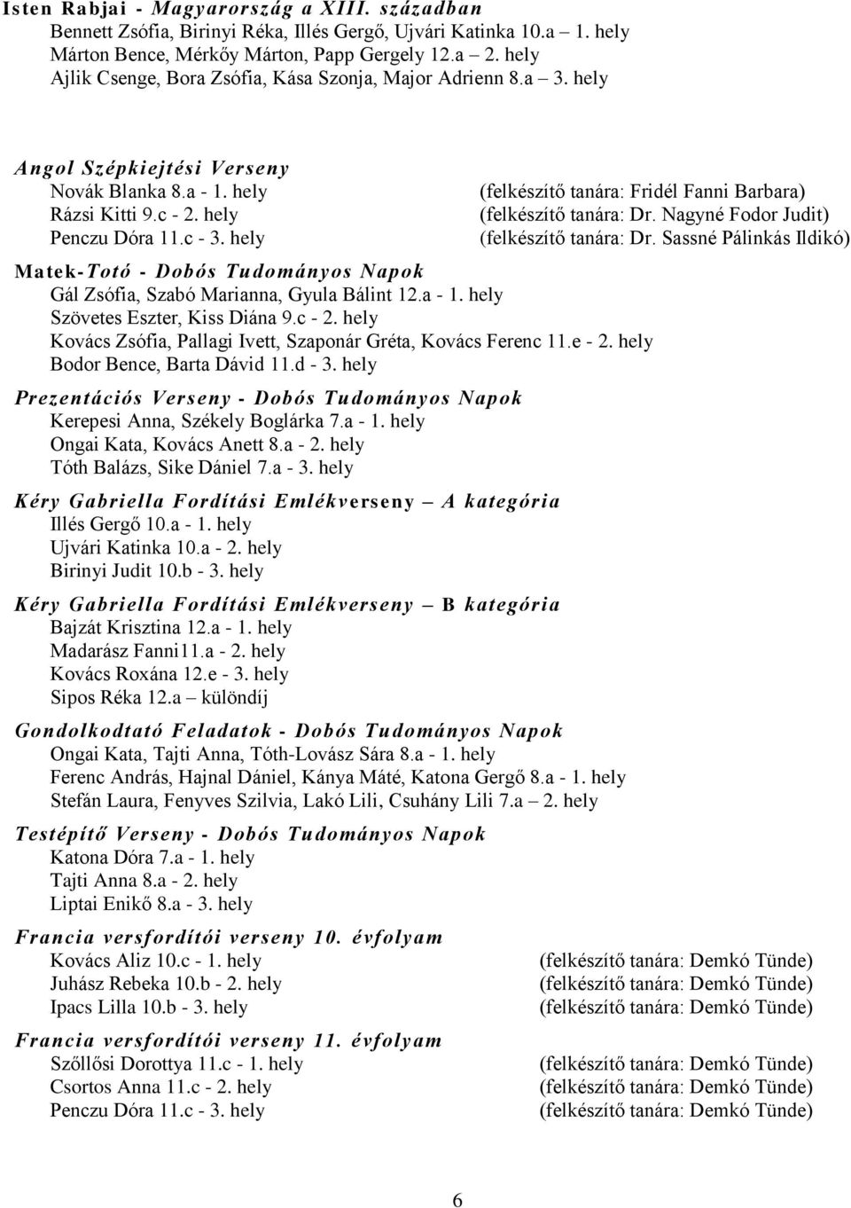 hely Matek-Totó - Dobós Tudományos Napok Gál Zsófia, Szabó Marianna, Gyula Bálint 12.a - 1. hely Szövetes Eszter, Kiss Diána 9.c - 2.