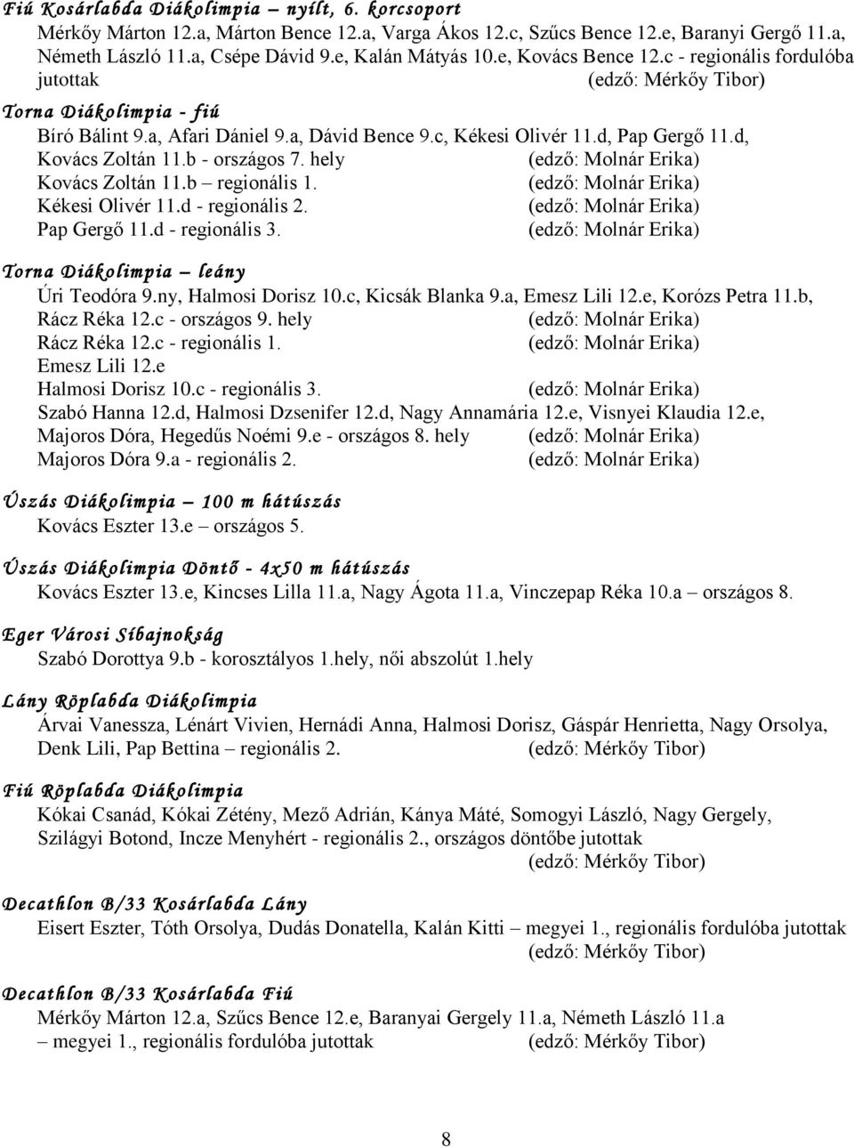 hely Kovács Zoltán 11.b regionális 1. Kékesi Olivér 11.d - regionális 2. Pap Gergő 11.d - regionális 3. Torna Diákolimpia leány Úri Teodóra 9.ny, Halmosi Dorisz 10.c, Kicsák Blanka 9.a, Emesz Lili 12.