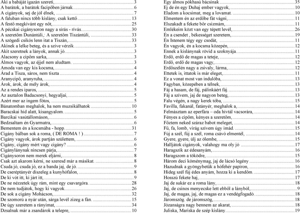 ..3 Akit szeretnek a lányok, annak jó...3 Alacsony a cipőm sarka,...3 Álmos vagyok, az éjjel nem aludtam....3 Amoda van egy kis kocsma,...4 Árad a Tisza, sáros, nem tiszta...4 Aranycipő, aranyruha,.