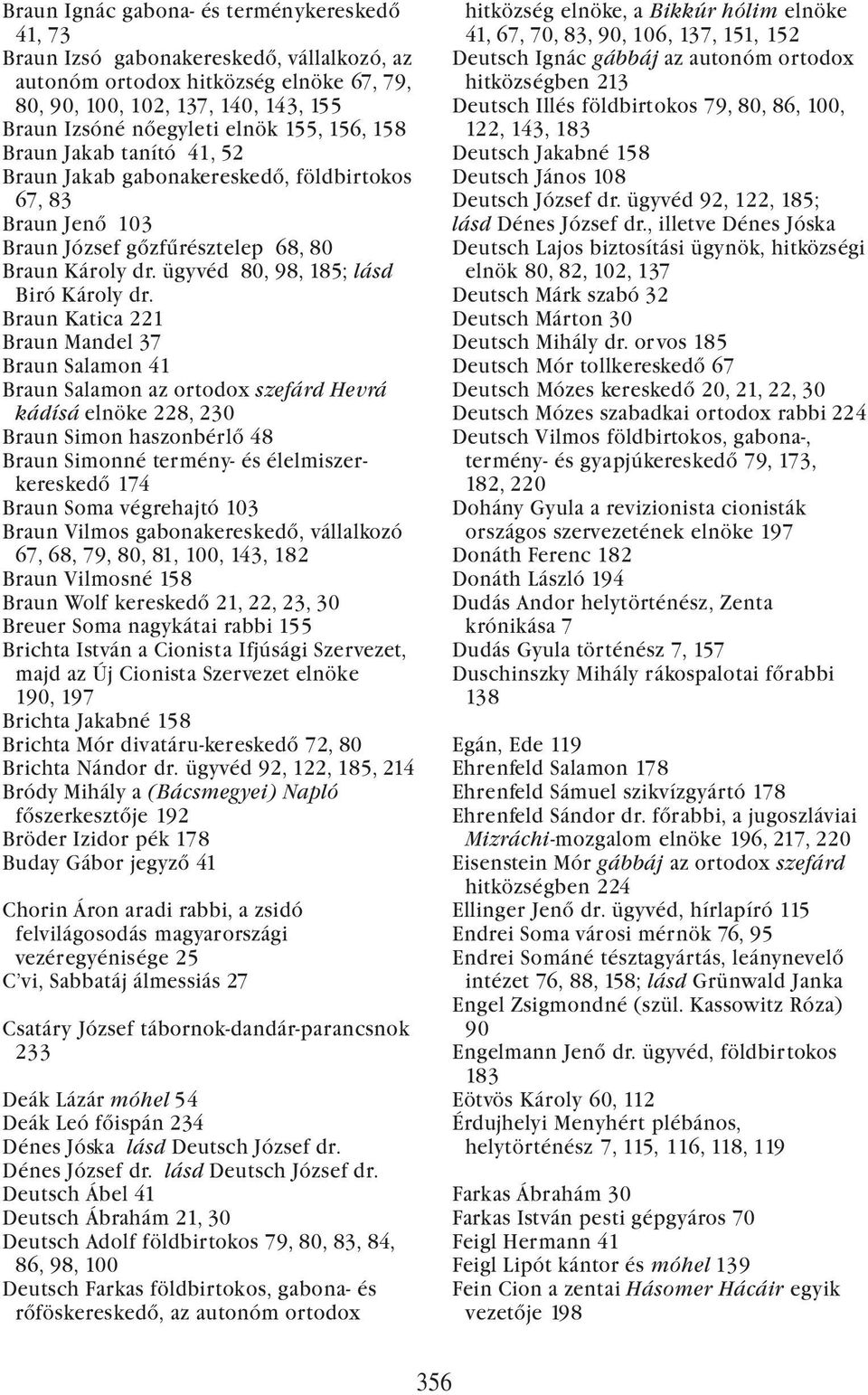 Braun Katica 221 Braun Mandel 37 Braun Salamon 41 Braun Salamon az ortodox szefárd Hevrá kádísá elnöke 228, 230 Braun Simon haszonbérlő 48 Braun Simonné termény- és élelmiszerkereskedő 174 Braun Soma
