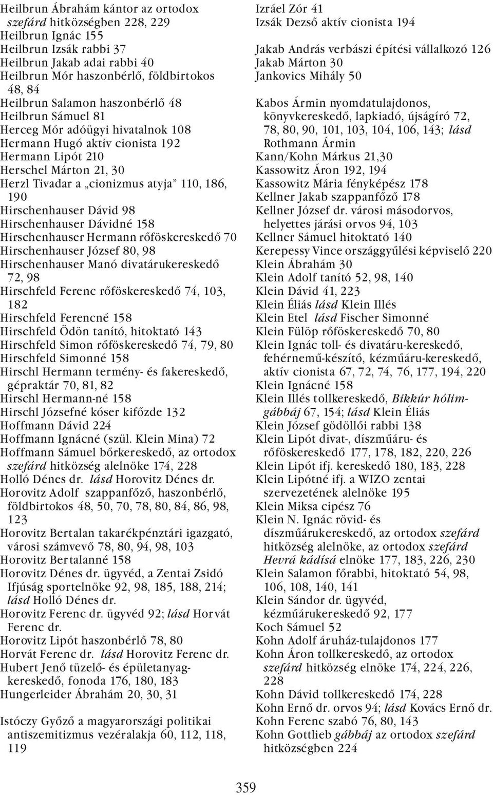 Hirschenhauser Dávid 98 Hirschenhauser Dávidné 158 Hirschenhauser Hermann rőföskereskedő 70 Hirschenhauser József 80, 98 Hirschenhauser Manó divatárukereskedő 72, 98 Hirschfeld Ferenc rőföskereskedő