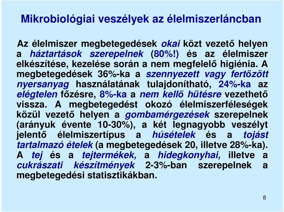 A megbetegedések 36%-ka a szennyezett vagy fertőzött nyersanyag használatának tulajdonítható, 24%-ka az elégtelen főzésre, 8%-ka a nem kellő hűtésre vezethető vissza.