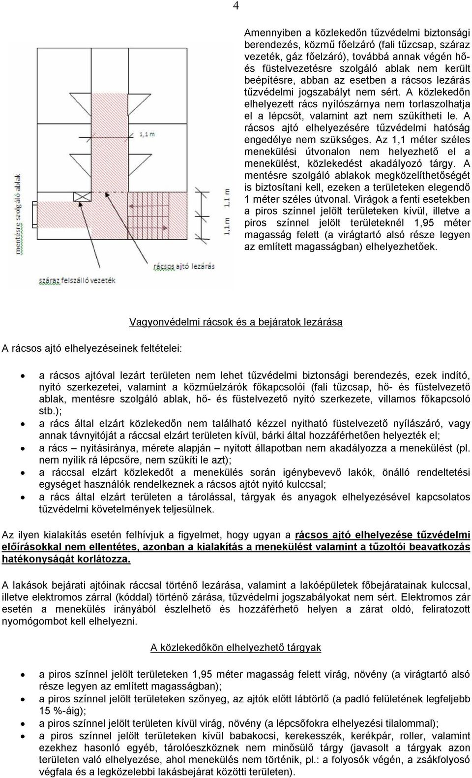 A rácsos ajtó elhelyezésére tűzvédelmi hatóság engedélye nem szükséges. Az 1,1 méter széles menekülési útvonalon nem helyezhető el a menekülést, közlekedést akadályozó tárgy.